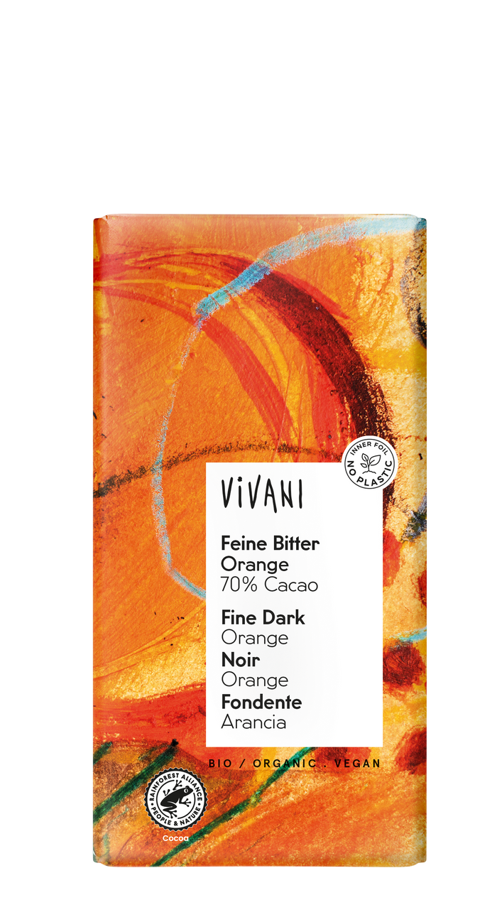 Vivani 70% Cacao dunkle Schokolade & Orange Bar 10 x 100g