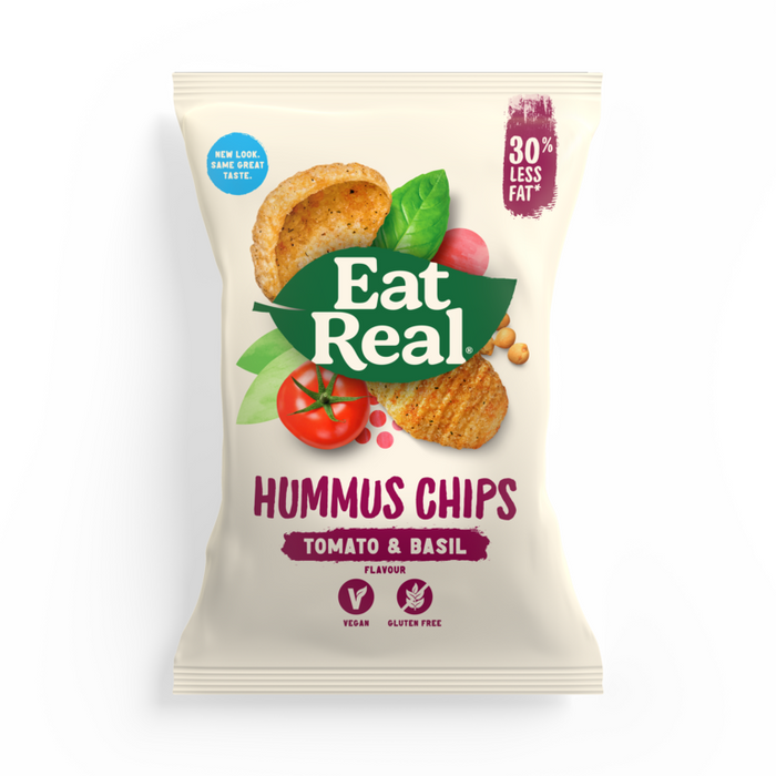 Essen Sie echte Tomaten- und Basilikum -Hummus -Chips 18 x 45 g