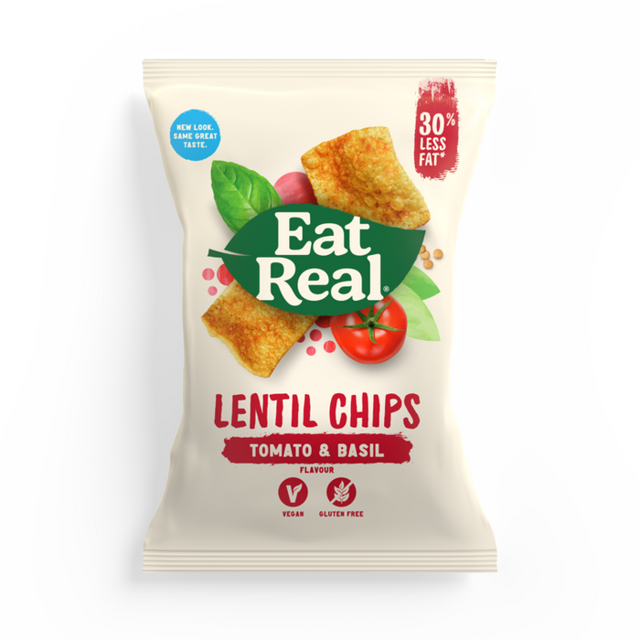 Essen Sie echte Tomaten- und Basilikum -Linsen -Chips 12 x 40g