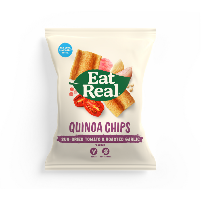 Essen Sie echte gesundete Tomaten- und Knoblauchquinoa -Chips 10 x 90 g