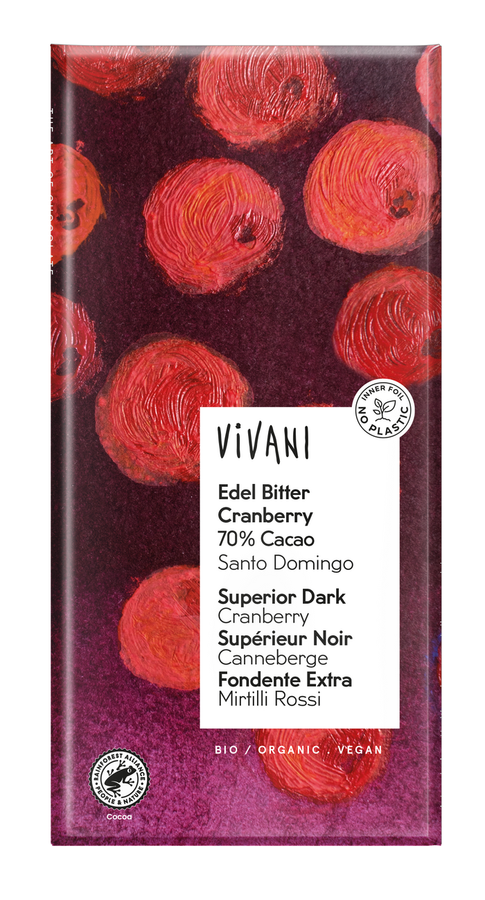 Vivani Bar du chocolat noir et de la canneberge supérieure 10 x 100g