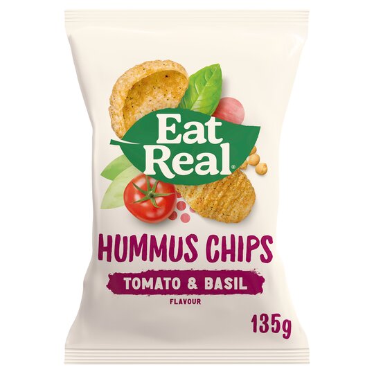 Essen Sie echte Tomaten- und Basilikum -Hummus -Chips 10 x 135g