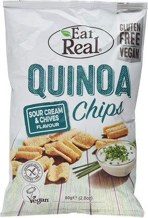 Essen Sie echte saure Sahne und Schnittlauch -Quinoa -Chips 12 x 30g