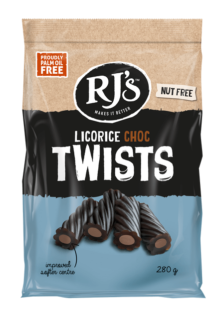 RJs Soft Eating Lacorice Choc Twists 12 x 280g